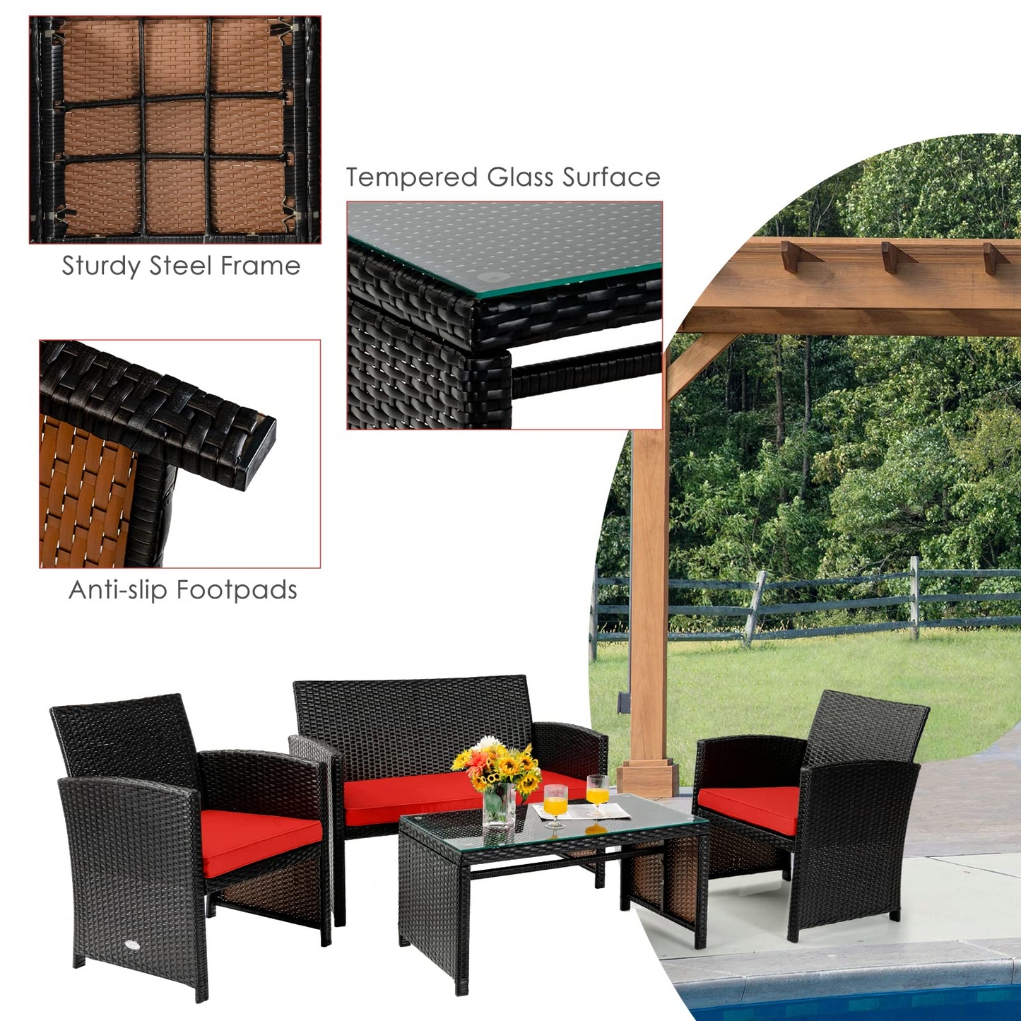 Tangkula 4 Pieces Rattan Furniture Set, Outdoor Conversation Set w/Chair & Loveseat & Tempered Glass Coffee Table