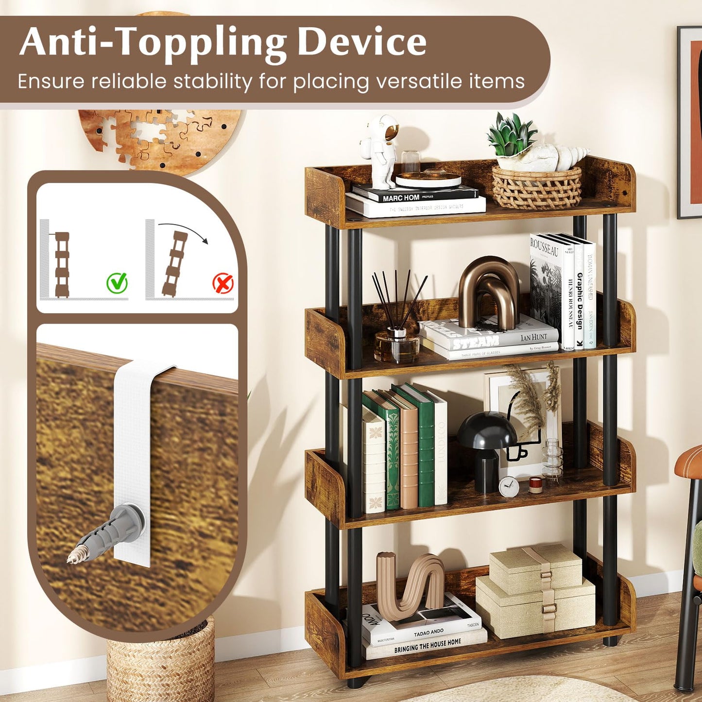 Tangkula 4-Tier Bookshelf Multipurpose Wood Standing Display Rack(1/2)