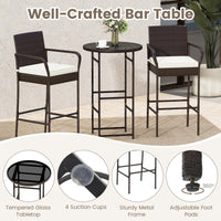 Tangkula Patio Rattan Heavy Duty Bar Height Glass Top Table & 2 Cushioned Barstools