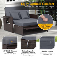 Outdoor PE Wicker Loveseat with Storage Ottoman & Folding Side Tray - Grey