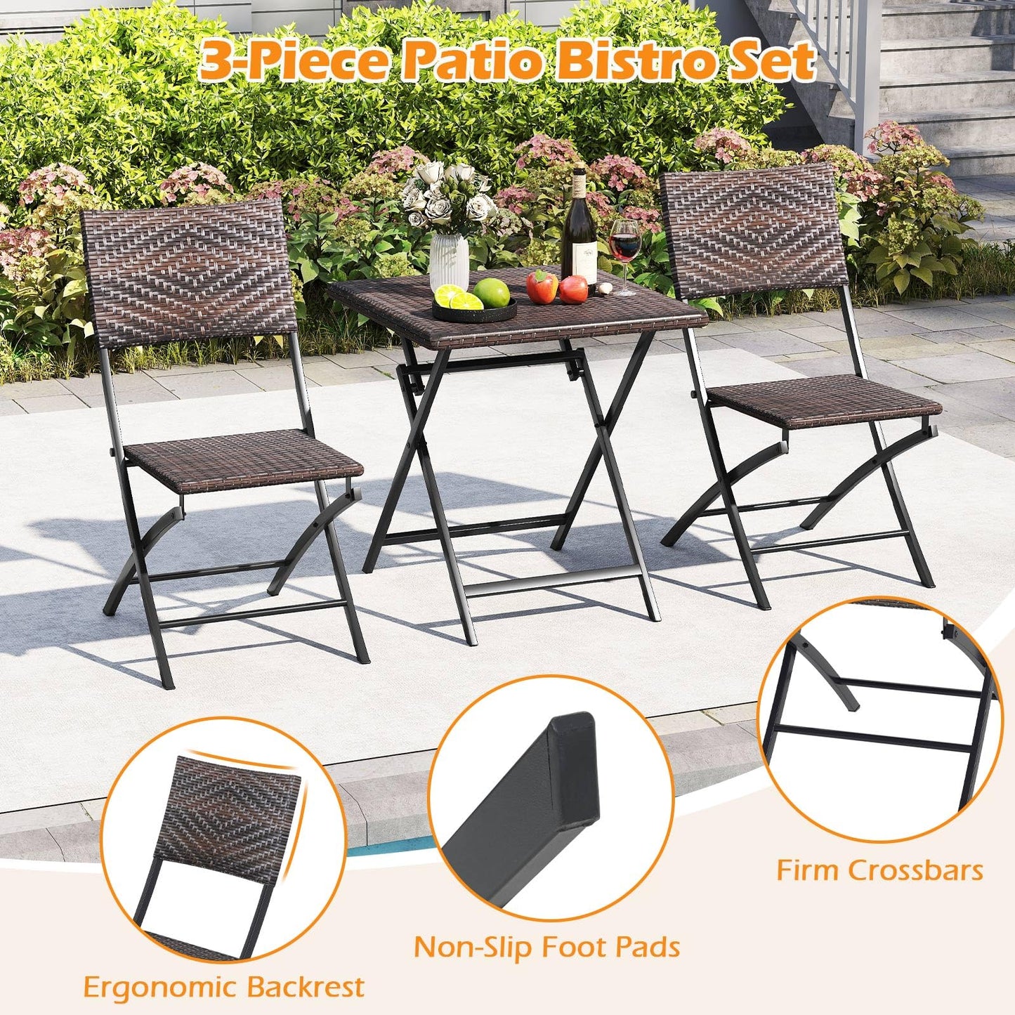 Tangkula 3 Piece Outdoor Folding Bistro Set