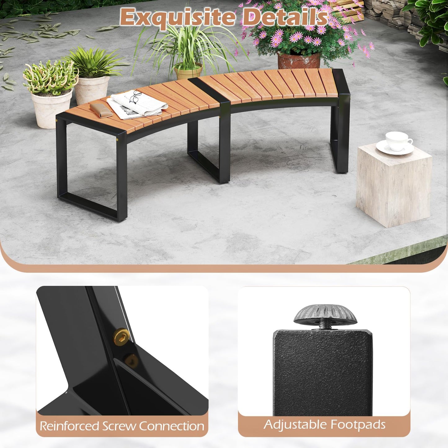 Banc de terrasse incurvé Tangkula en bois d'acacia avec assise à lattes et pieds en métal