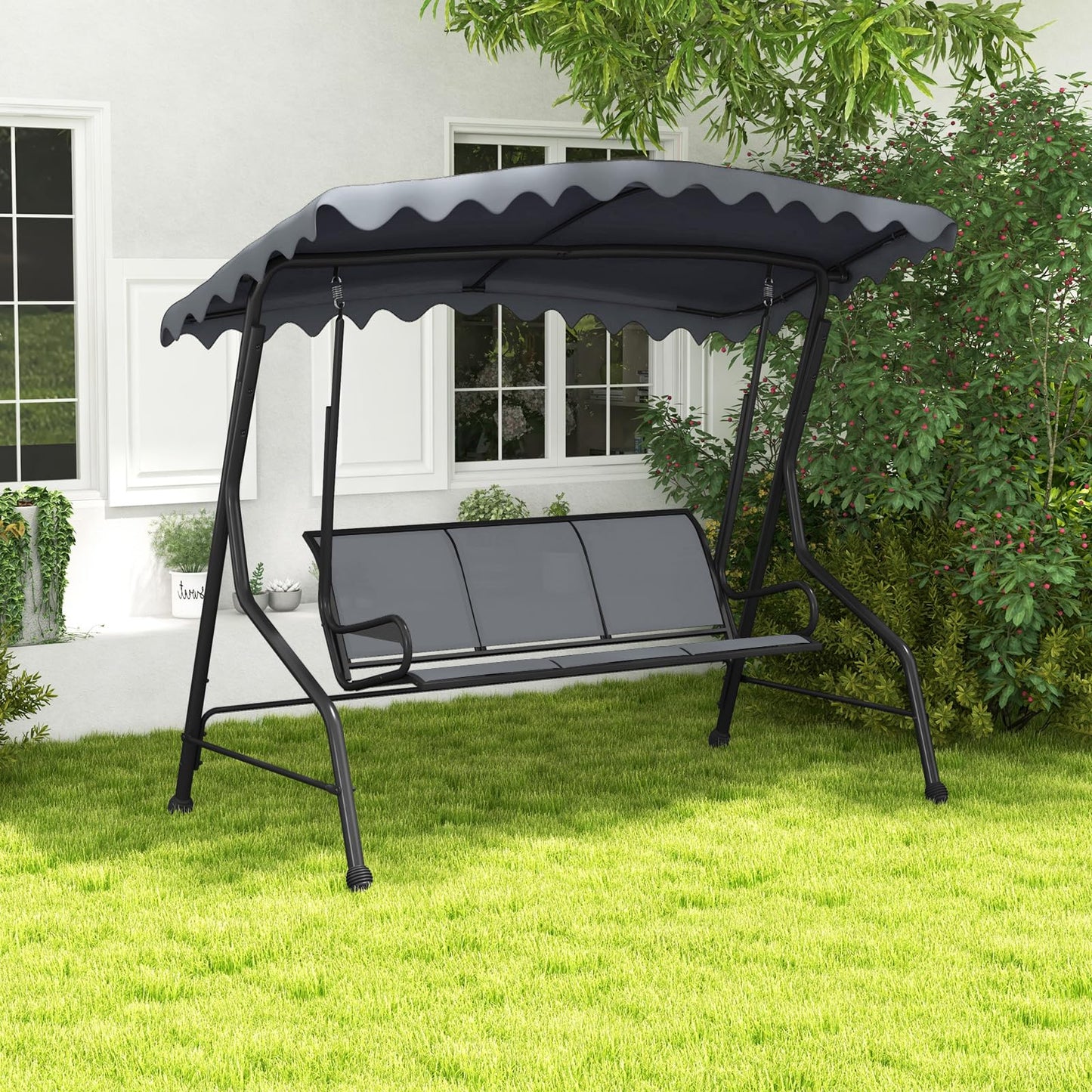 Tangkula 3 Person Porch Swing, Patio Swing with Adjustable Canopy, Heavy-Duty Metal Frame & Breathable Seat