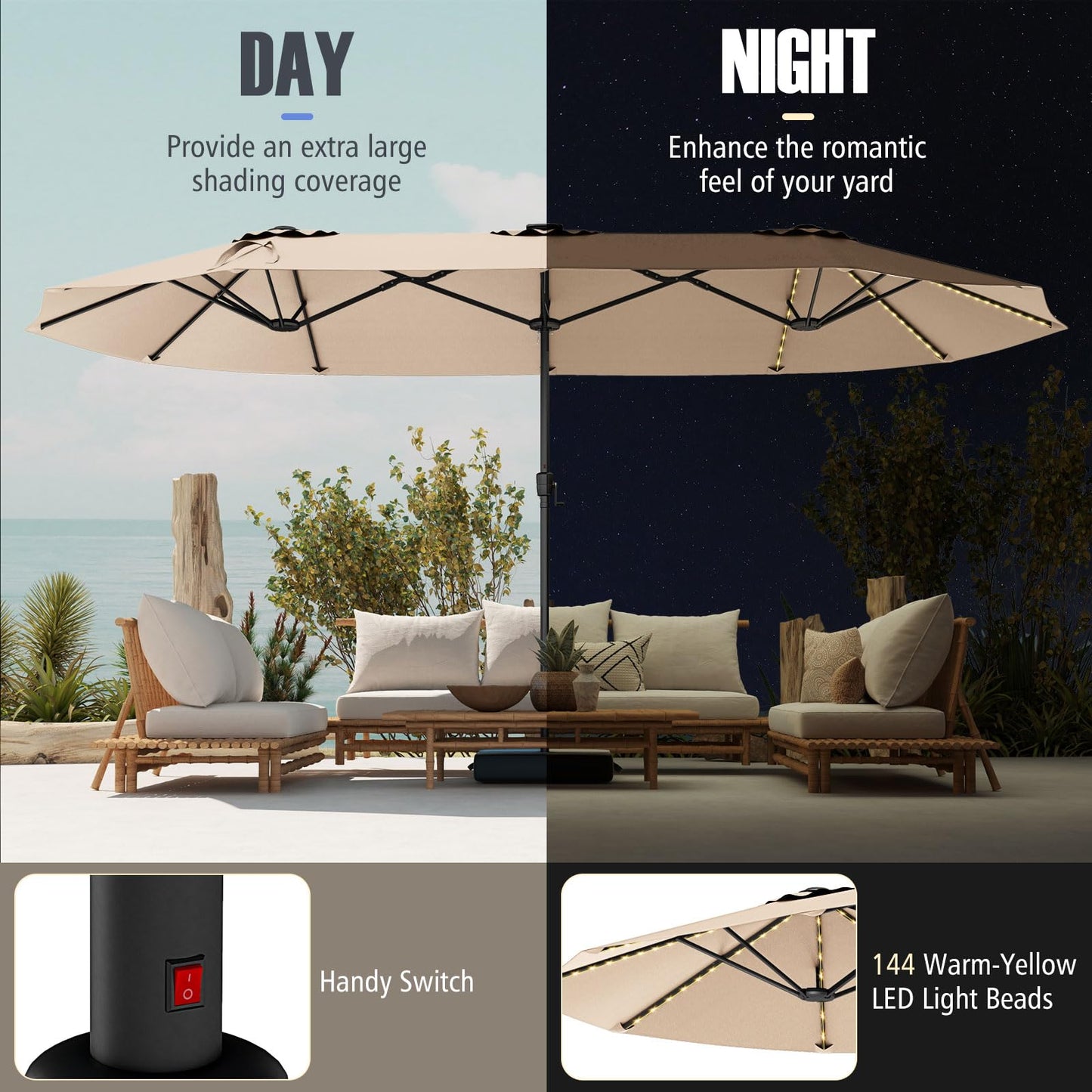 Tangkula 15.5 FT Extra-Large Patio Umbrella w/LED Solar Lights