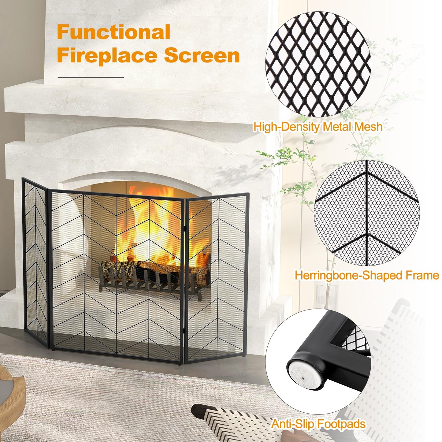 Tangkula 52 x 31 Inch Fireplace Screen, 3-Panel Folding Spark Guard w/Chevron Herringbone Pattern