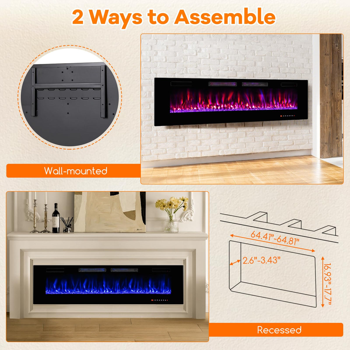 Tangkula 72 Inches Recessed & Wall Mounted WiFi Enabled Electric Fireplace