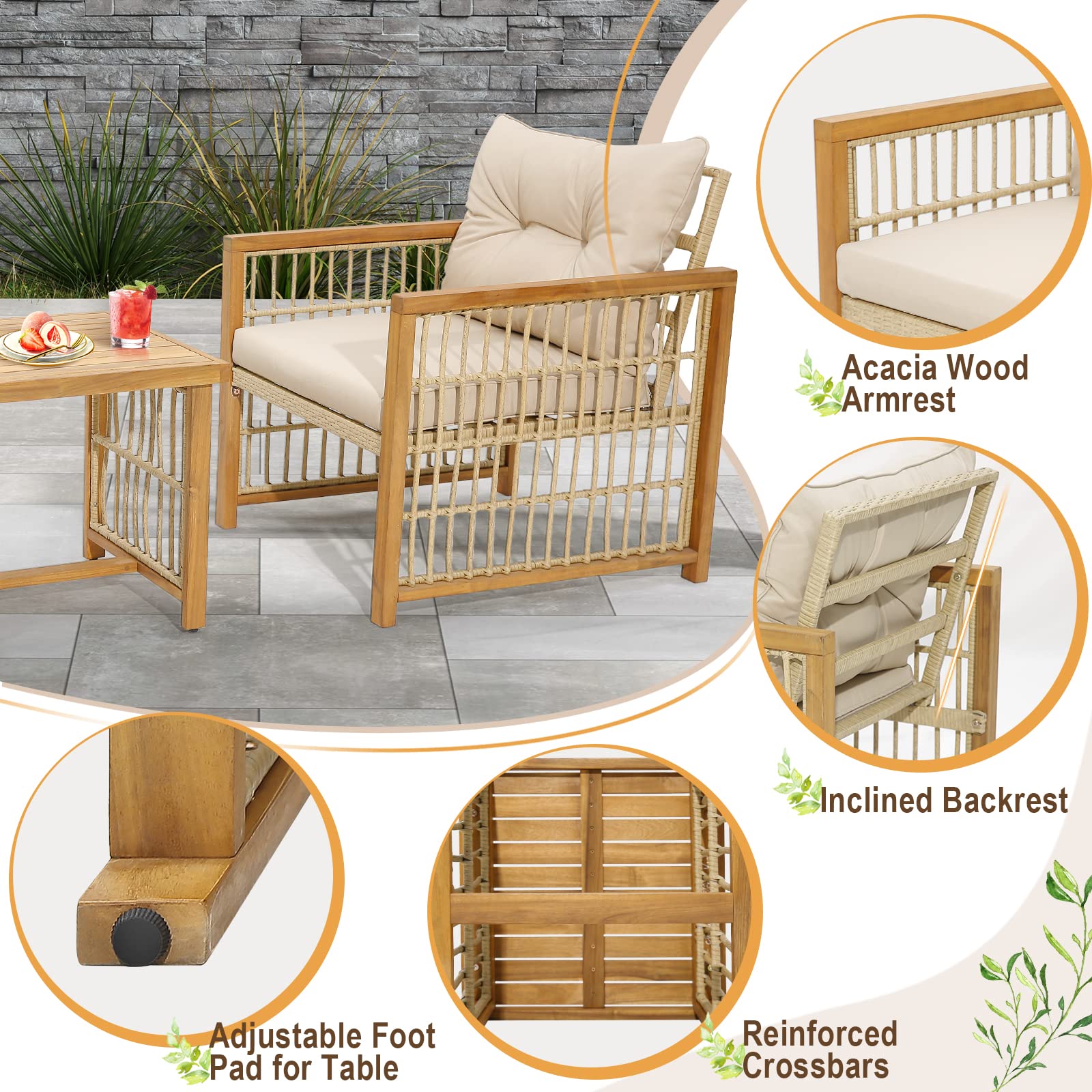 3 Pieces Acacia Wood Patio Furniture Set - Tangkula