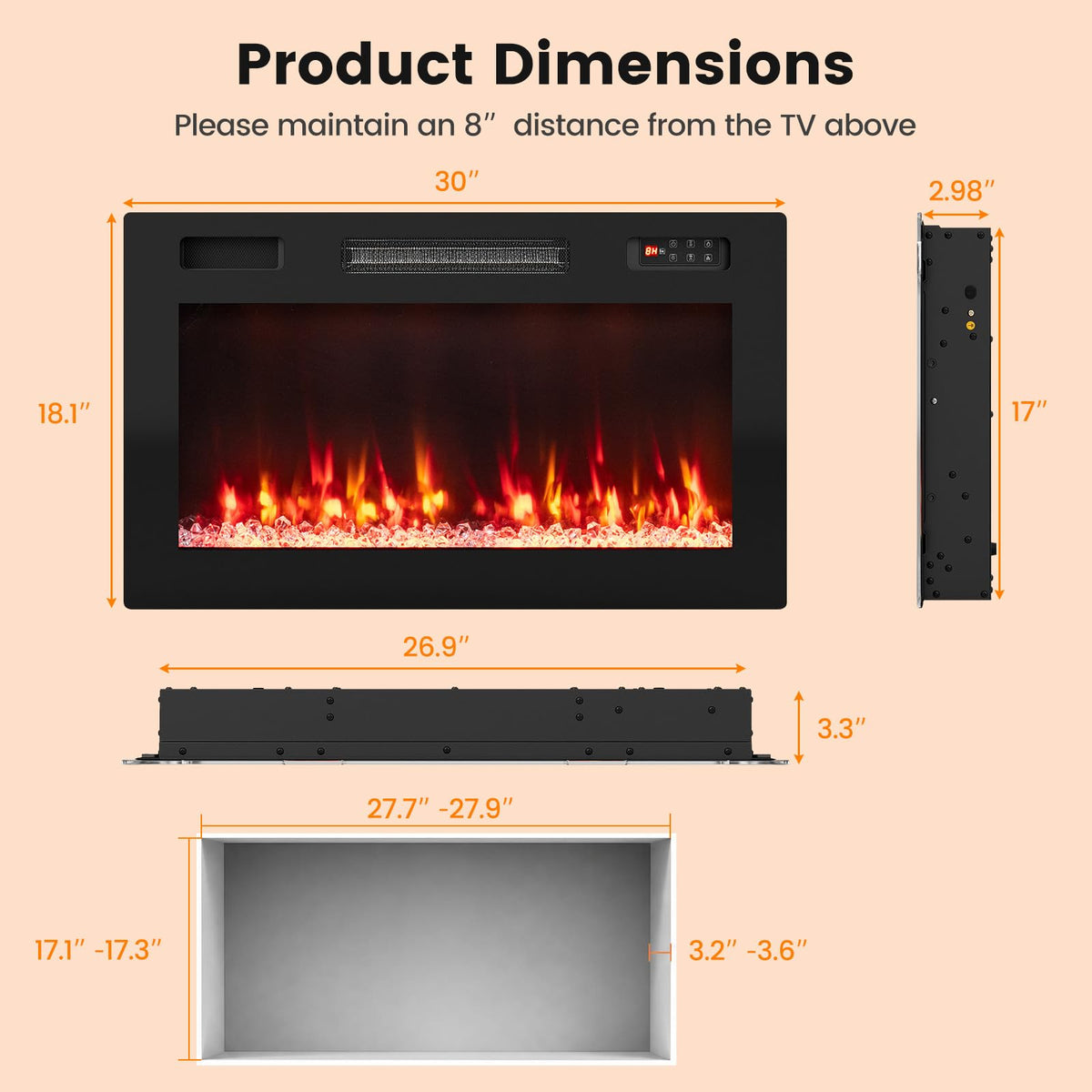 Tangkula 30"/36"/40"/50"/60"/72" Smart Electric Fireplace