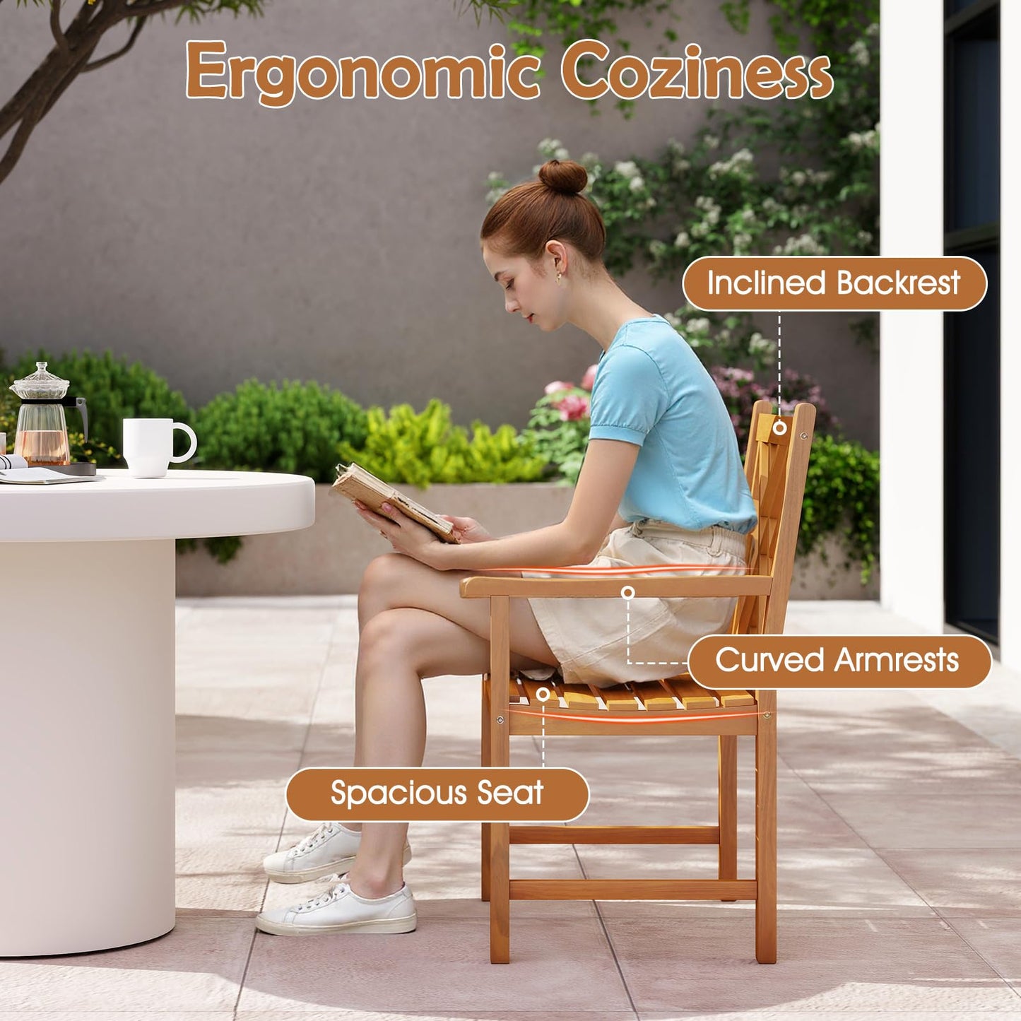 Tangkula Set of 2/4 Outdoor Dining Chairs Acacia Wood with Cross-Pattern Backrest