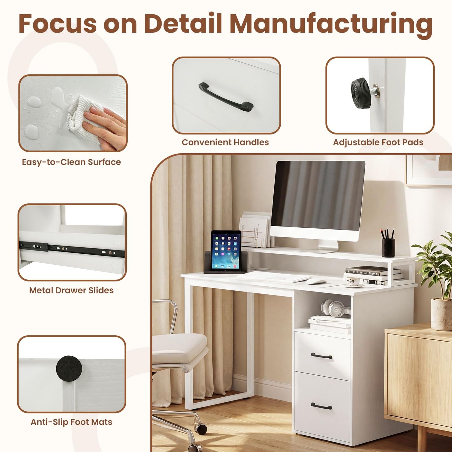Tangkula White Desk with 2 Storage Drawers & Power Outlets