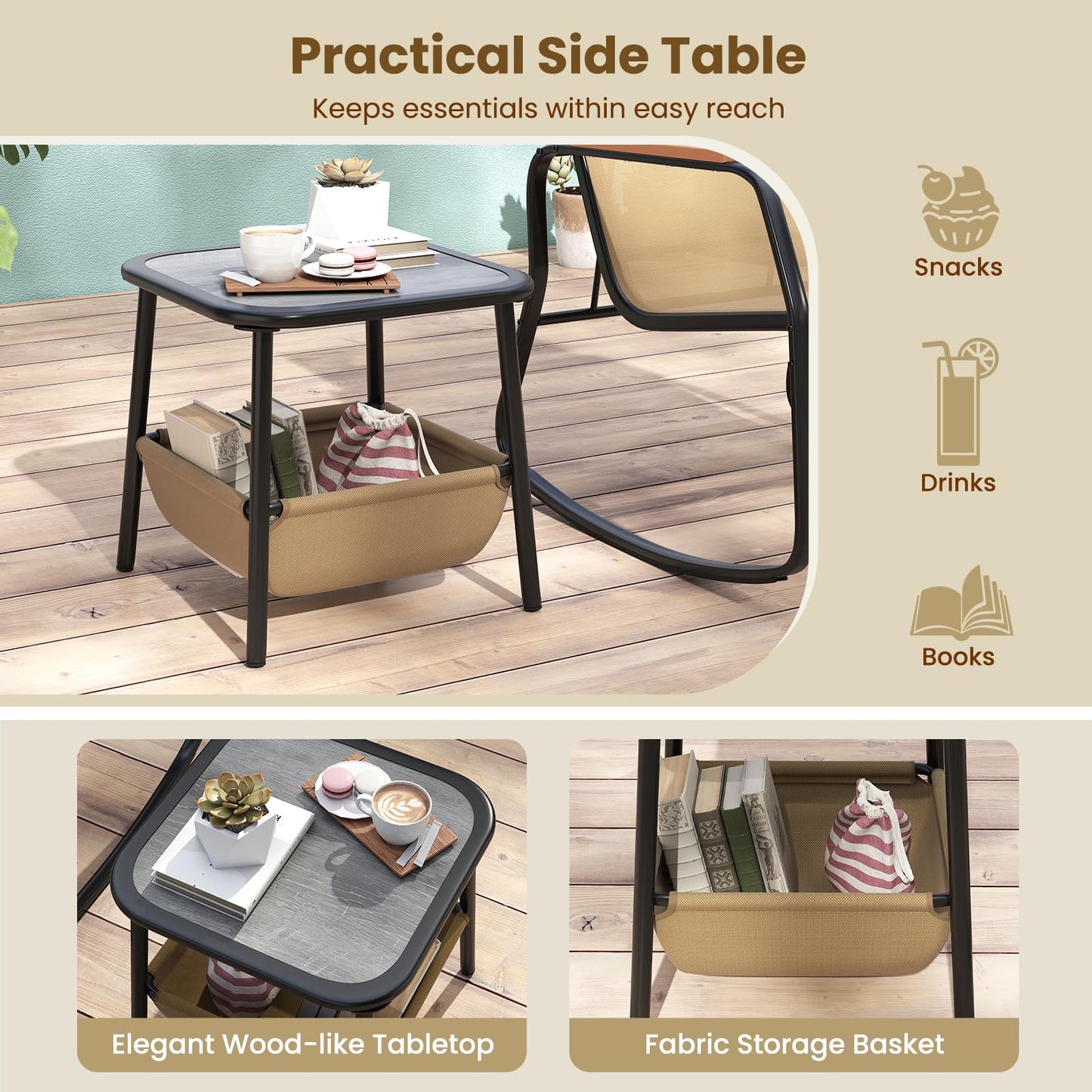 Tangkula 3 Piece Rocking Bistro Set Outdoor for Porch