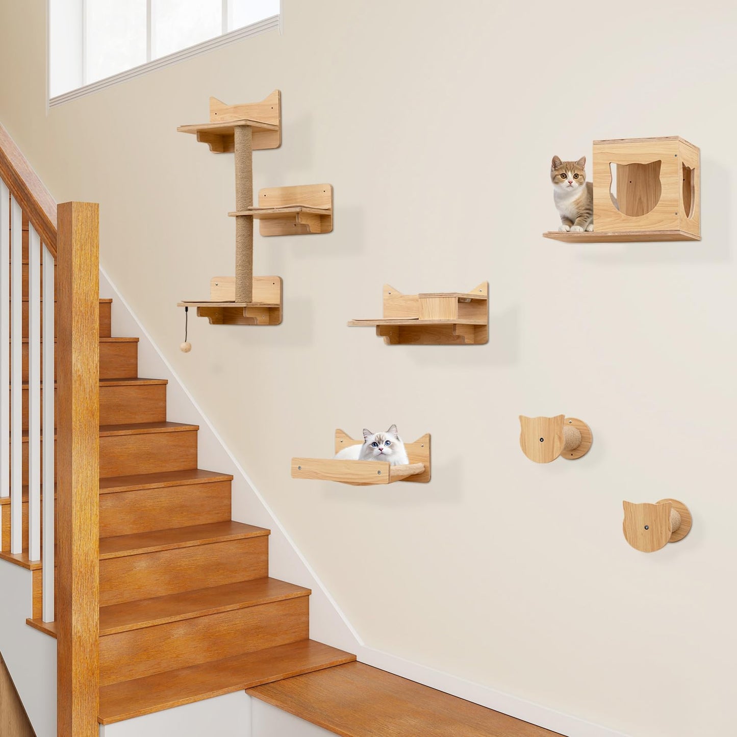 Tangkula Cat Wall Shelves 6 Pieces Wooden Wall Mounted Kitten Furniture Set
