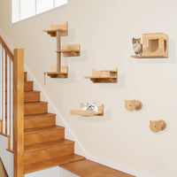 Tangkula Cat Wall Shelves 6 Pieces Wooden Wall Mounted Kitten Furniture Set