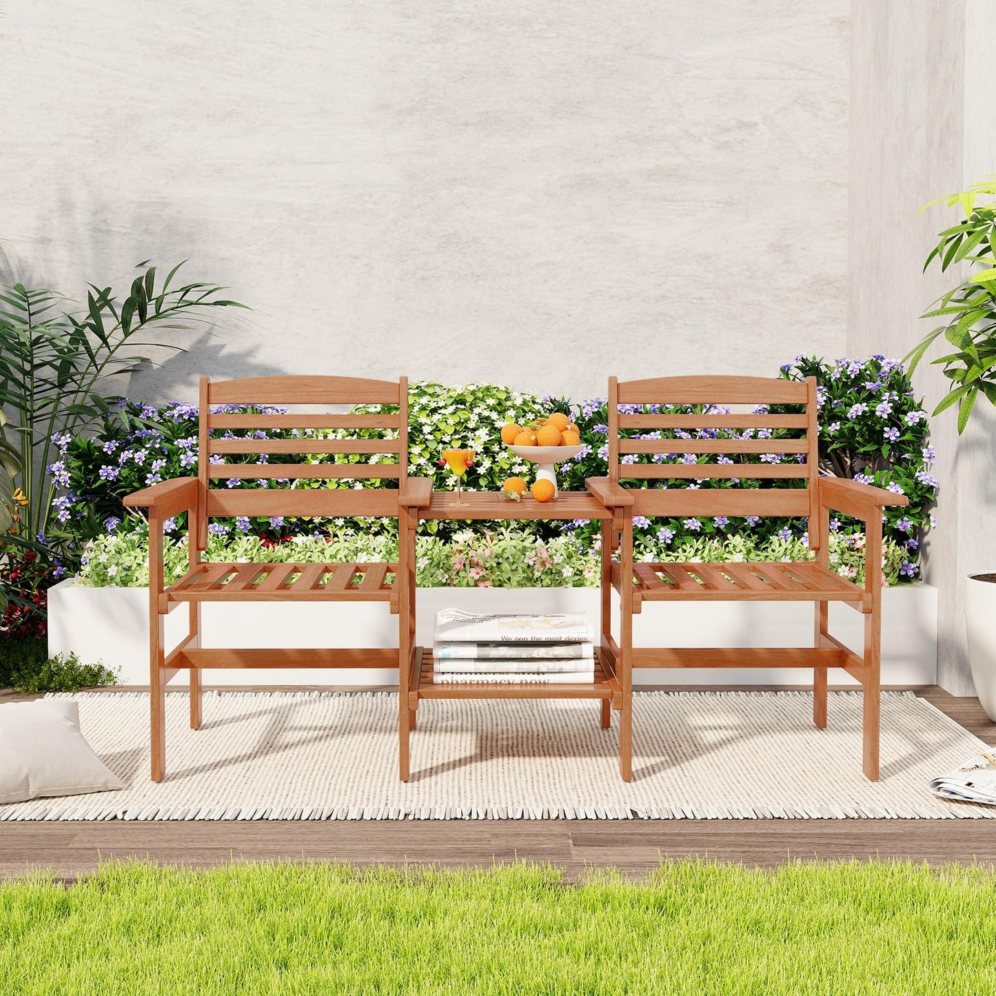 Tangkula Outdoor Patio Loveseat with Table, Wood 2-Seat Conversation Set with Coffee Table and Umbrella Hole