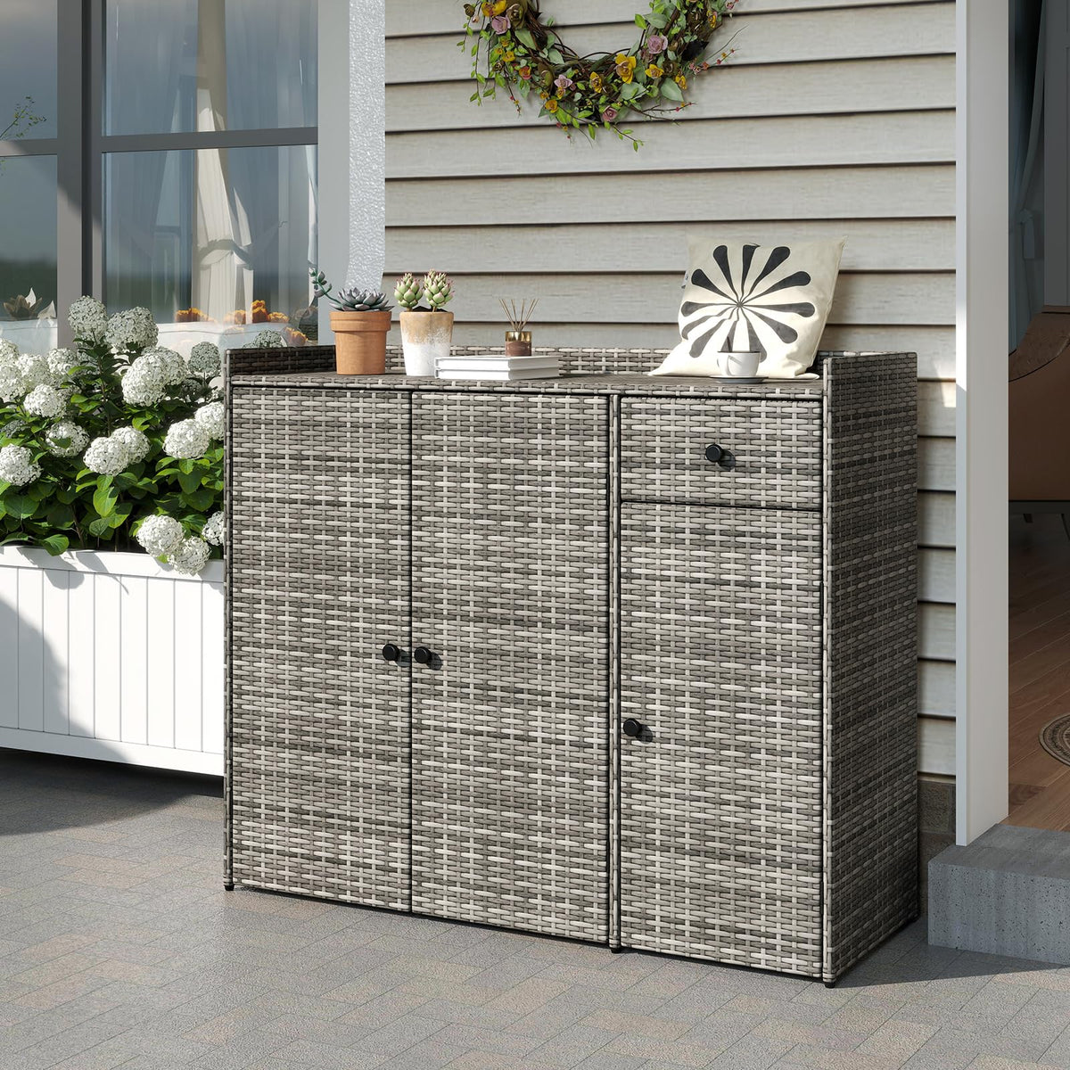 Tangkula Rattan Outdoor Storage Cabinet with 2 Adjustable Shelves