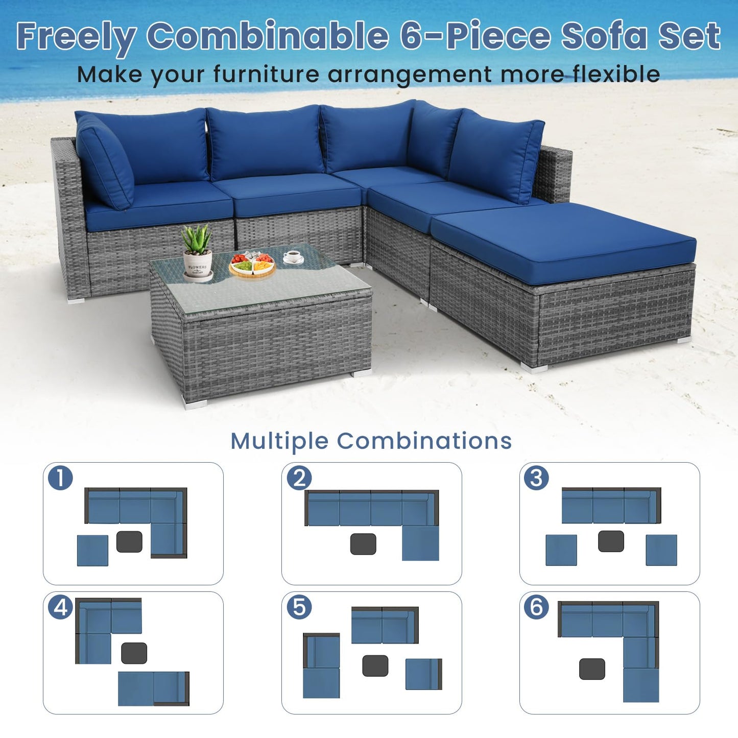 Tangkula 6 PCS Outdoor Rattan Sofa Set, Cushioned Sectional Set with Seat & Back Cushions