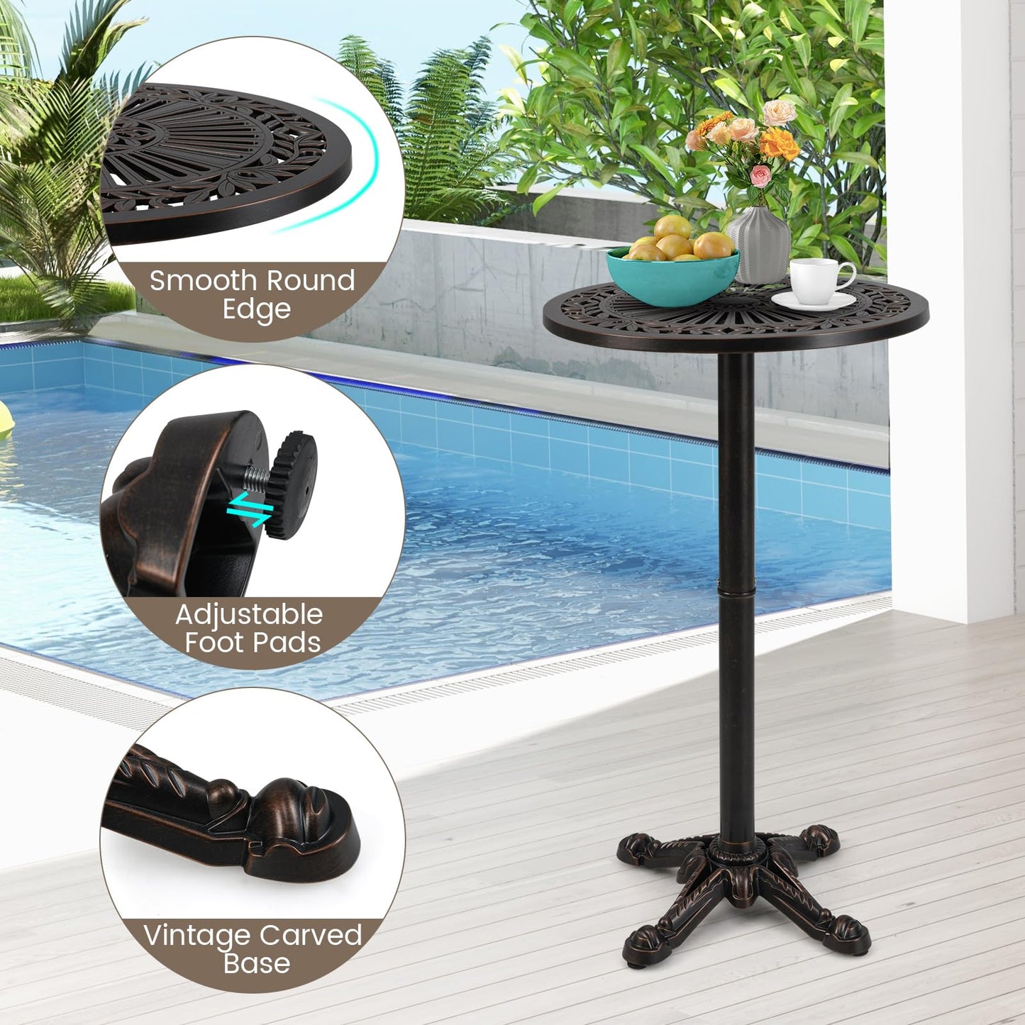 Tangkula Table de bar ronde d'extérieur 61 cm pour jardin, véranda, balcon ou bord de piscine