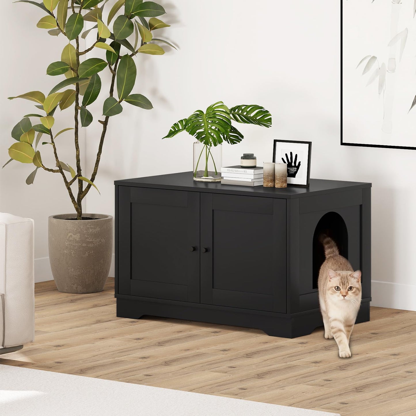 Tangkula Cat Litter Box Enclosure w/Winding Entry & Cat Hole for Living Room
