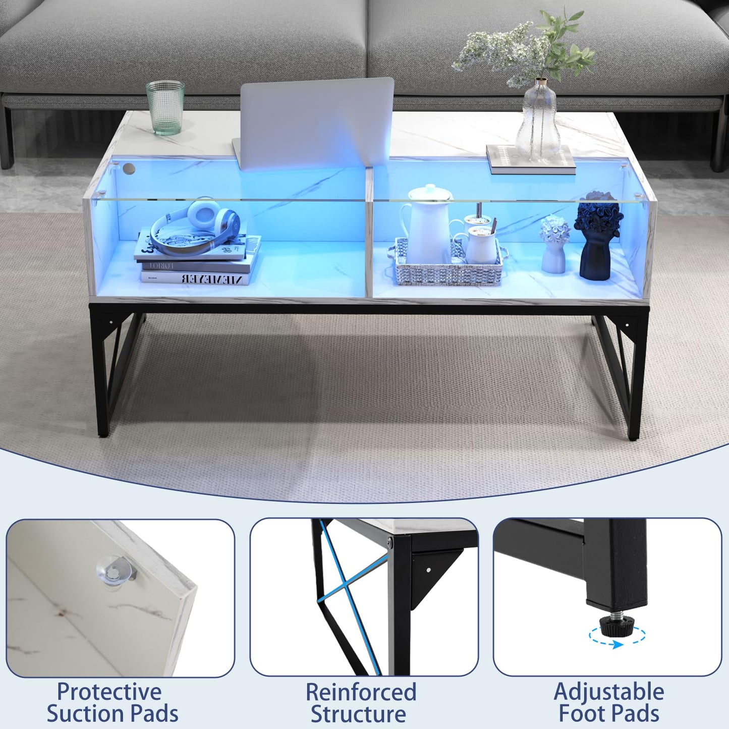 Tangkula LED Coffee Table with 4 Storage Cubes