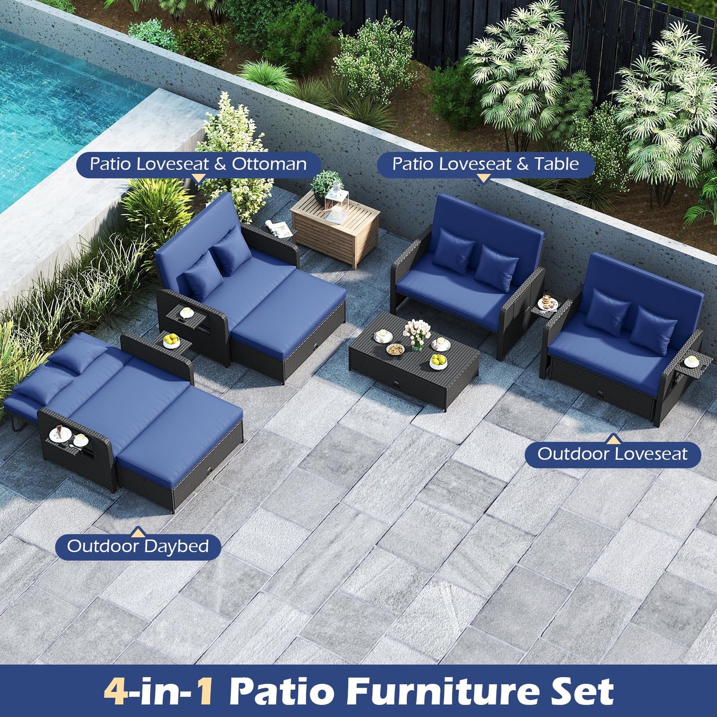 Tangkula Patio Rattan Daybed with 4-Level Adjustable Backrest Storage Ottoman & Folding Side Tray
