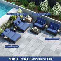 Tangkula Patio Rattan Daybed with 4-Level Adjustable Backrest Storage Ottoman & Folding Side Tray