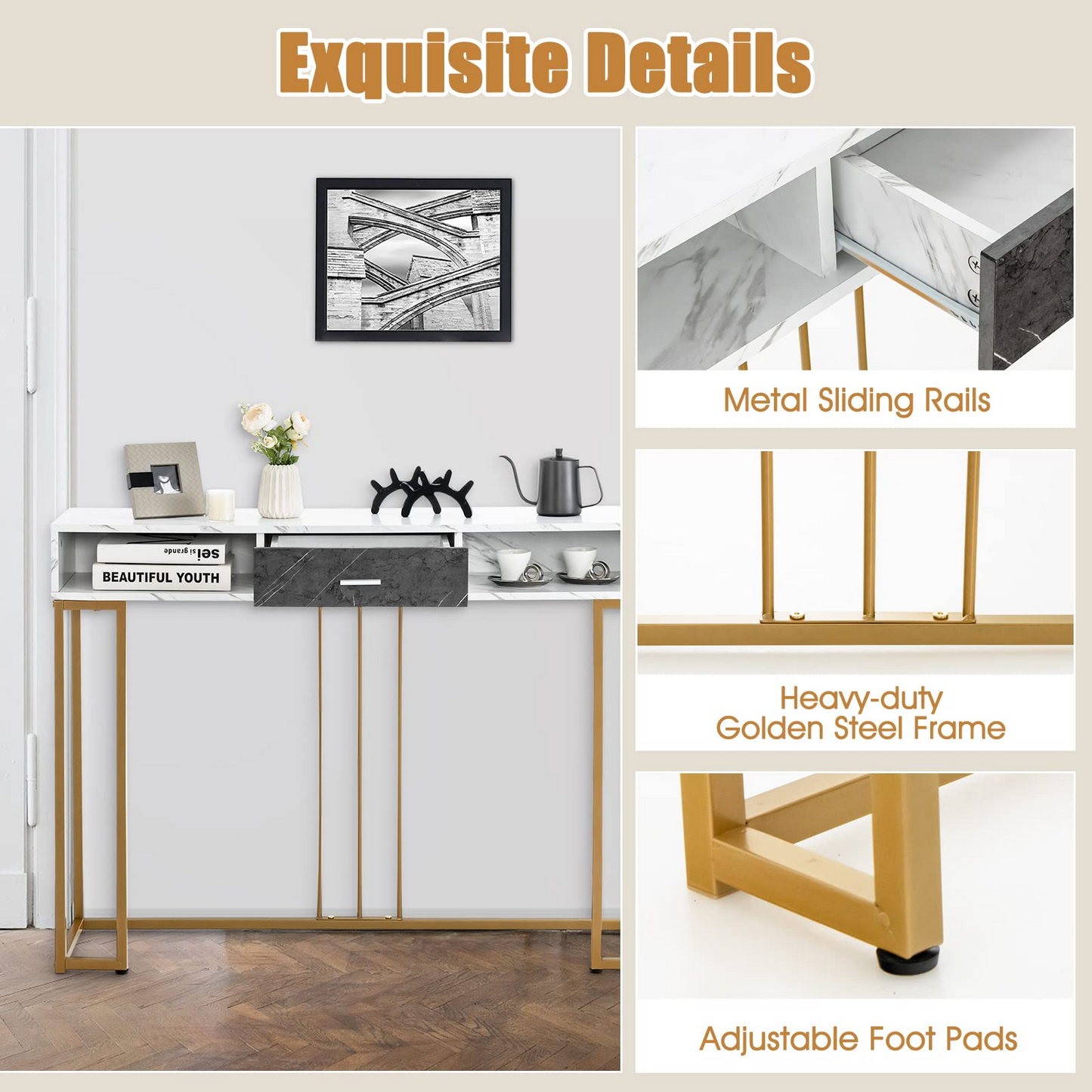 Tangkula Console Table with Drawer, 48" 2-Tier Faux Marble Sofa Table with Golden Steel Frame