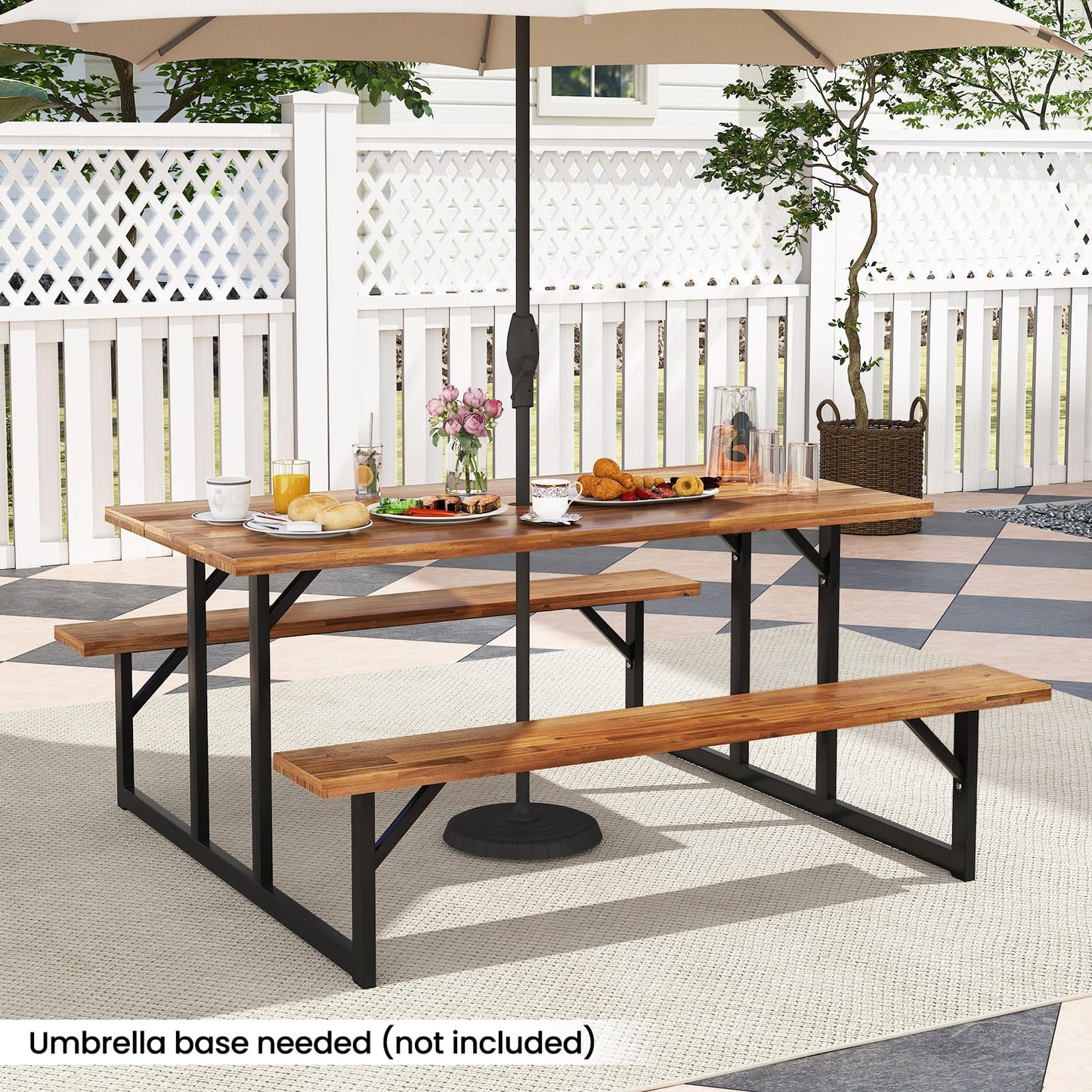 Tangkula 6 Person Acacia Wood Picnic Table with 2 Built in Benches