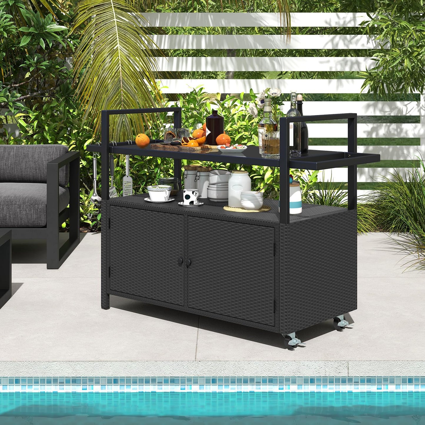 Tangkula Outdoor Bar Cart Patiojoy Rolling Wicker Buffet Serving Cart