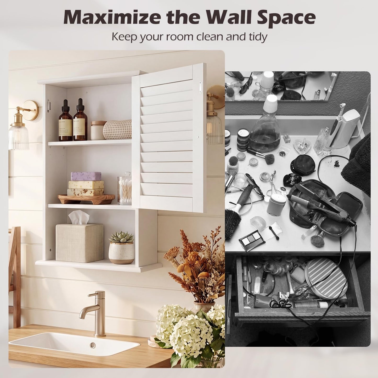 Tangkula Wall Mounted Bathroom Cabinet Single Door Wooden Bathroom Wall Cabinet with Adjustable Shelf