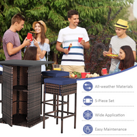 Tangkula 5 Piece Outdoor Rattan Bar Set, Patio Bar Furniture with 4 Cushions Stools and Smooth Top Table