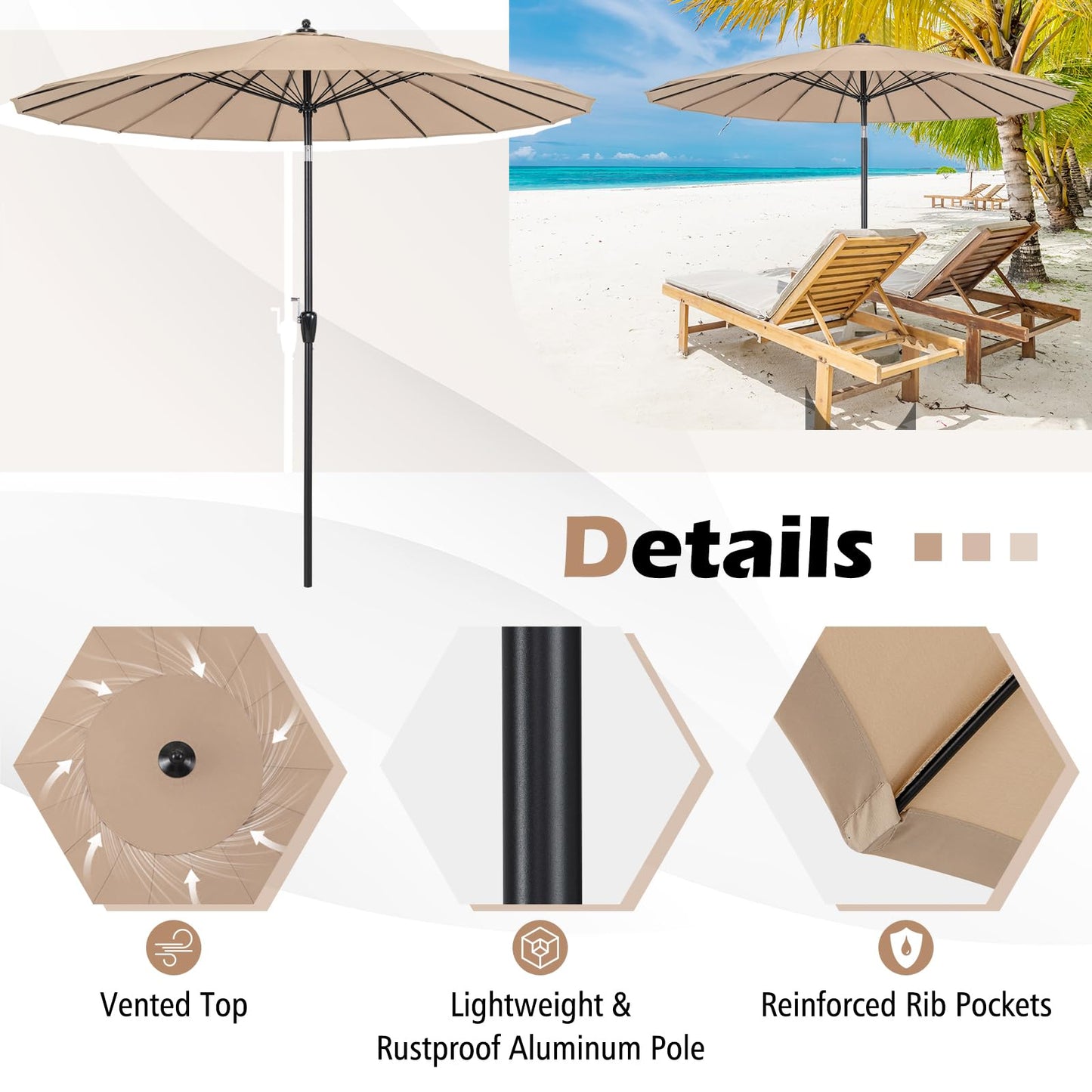 Tangkula 9FT Round Patio Umbrella, Outdoor Market Umbrella with 18 Fiberglass Ribs