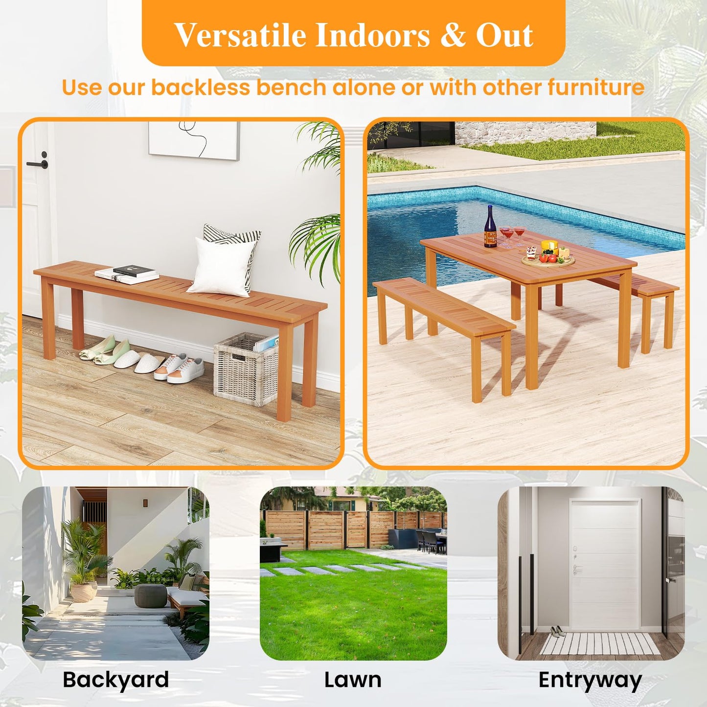 Tangkula Outdoor Wood Bench 59” Long Patio Dining Bench
