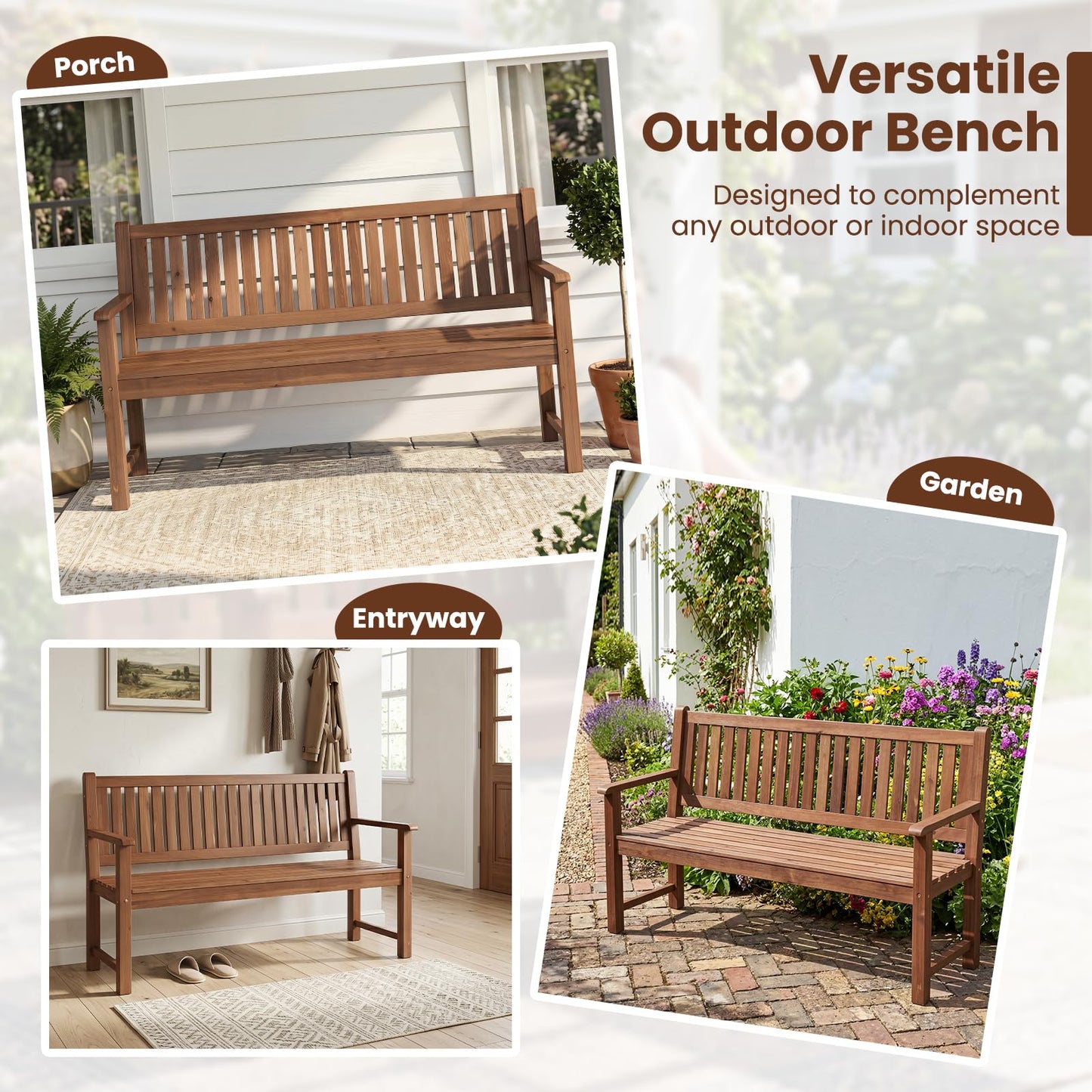Tangkula 3-Seater Outdoor Wooden Bench | 59" Large Garden Bench with Backrest & Armrests