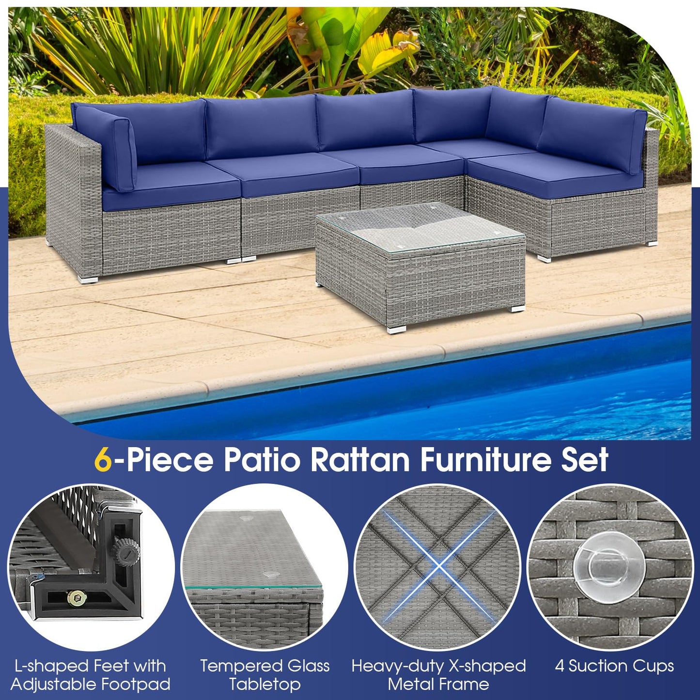 Outdoor Wicker Furniture Set with Tempered Glass Coffee Table, Comfy Seat & Back Cushions