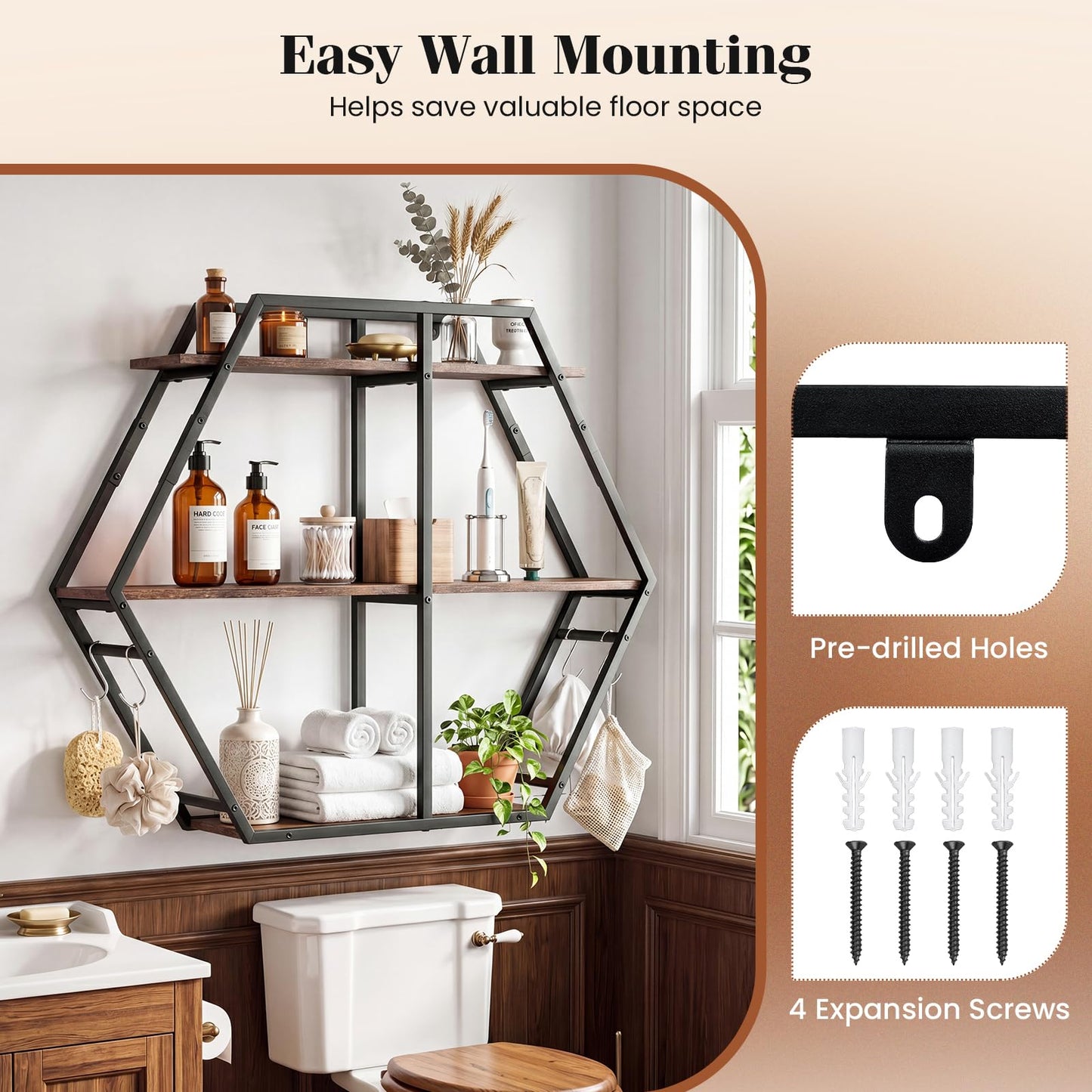 Tangkula 3-Tier Geometric Bookcase with 4 S-Shaped Hooks & Heavy Duty Metal Frame