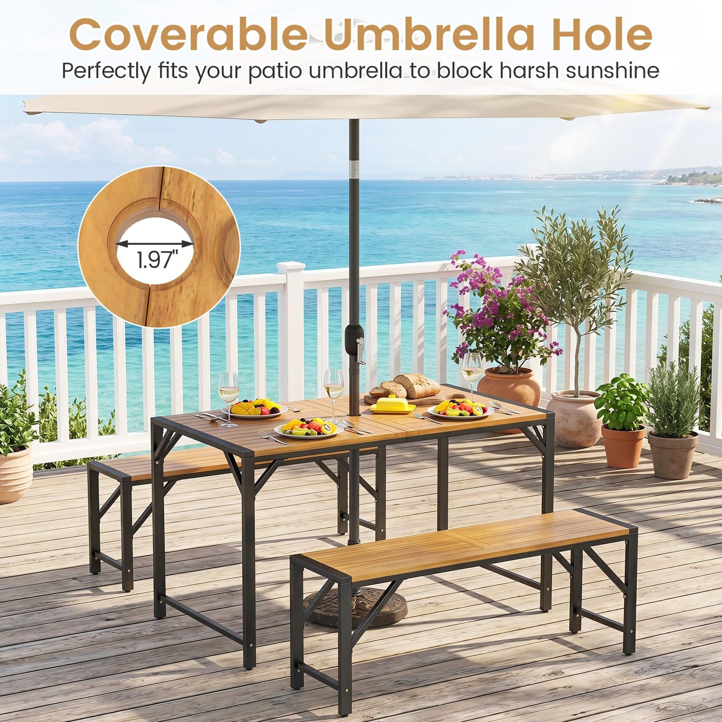 Tangkula Acacia Wood Outdoor Dining Table with 1.97” Umbrella Hole