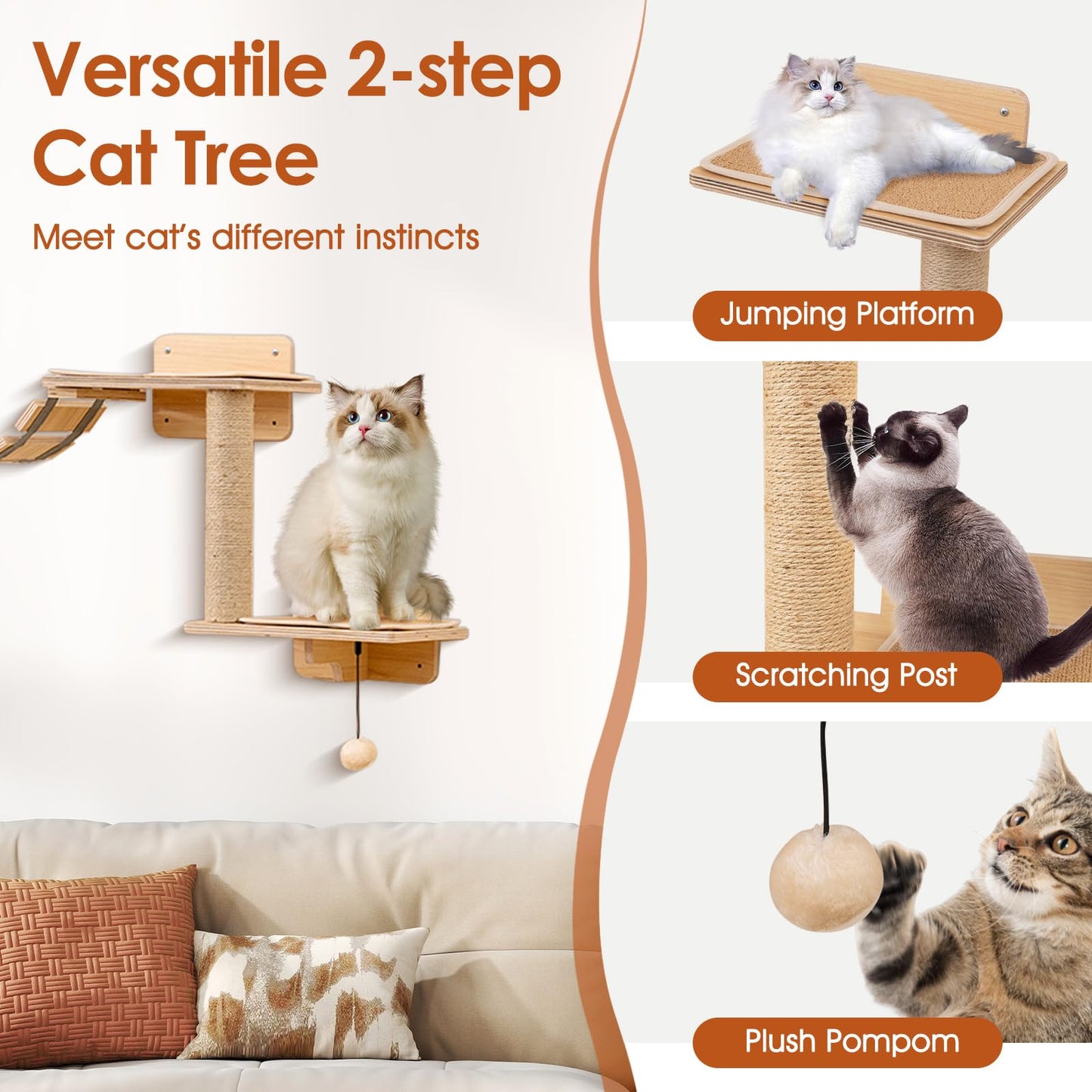 Tangkula Cat Wall Shelves | 6 Pieces Wooden Wall Mounted Kitten Furniture Set with Hammock