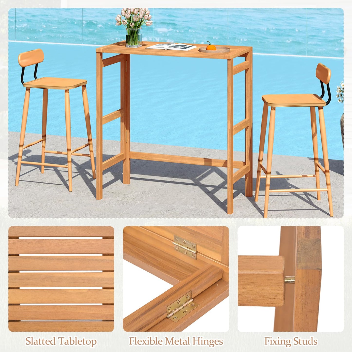 Table de bar pliante d'extérieur en bois d'acacia Tangkula