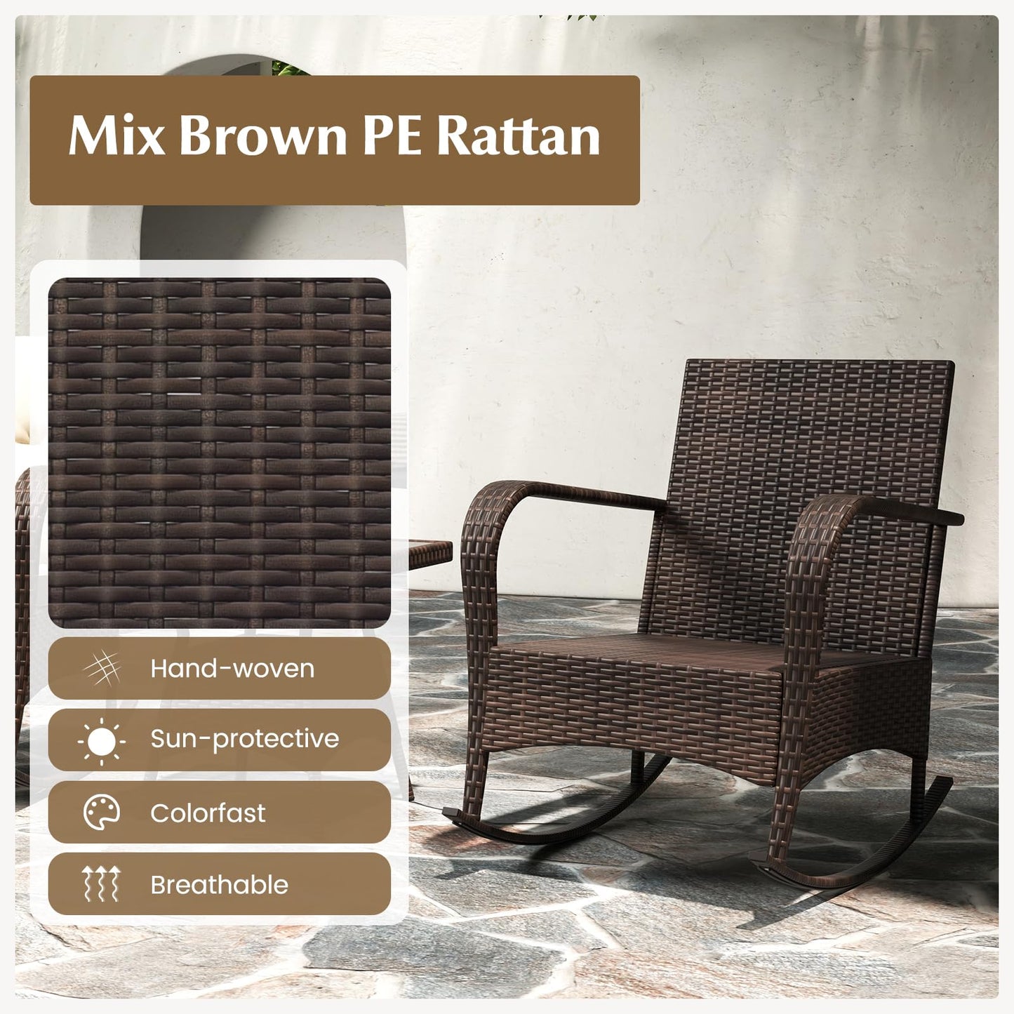Tangkula 3 Pieces Rocking Bistro Set, Patiojoy Outdoor PE Rattan Rocker Chairs with Removable Cushions & Tempered Glass Top Coffee Table