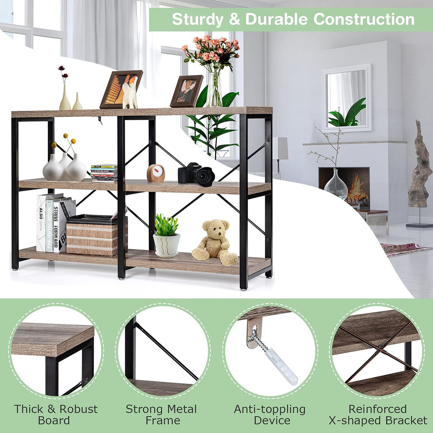 Tangkula Rustic Console Sofa Table, 3 Tier Console Table with Shelves, Industrial Foyer Table with Adjustable Feet, Living Room TV Stand