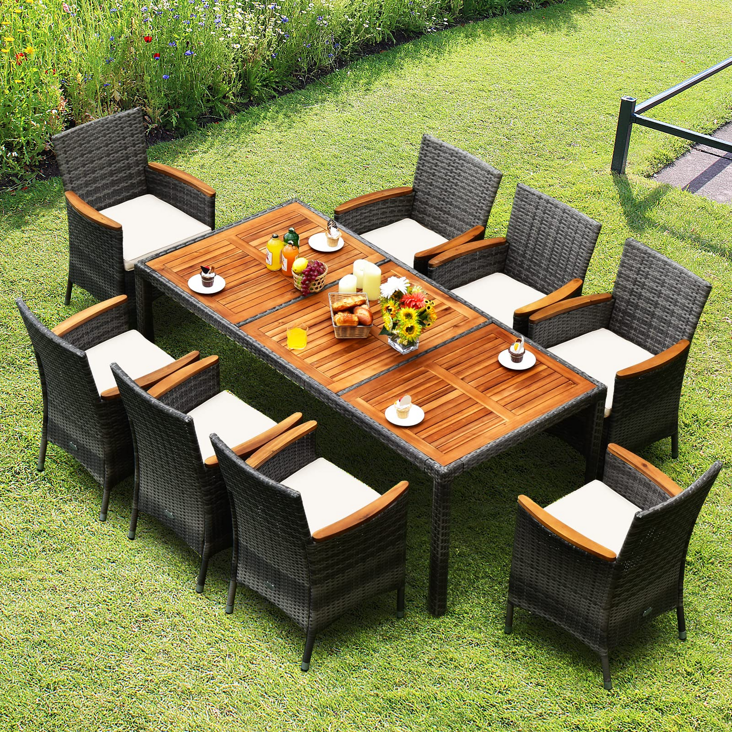 Tangkula Ensemble de salle à manger de patio 9 pièces, mobilier d'extérieur en bois d'acacia et rotin