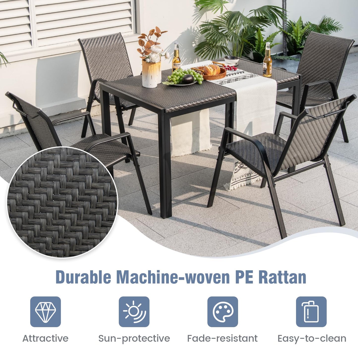 Tangkula Lot de 4 chaises de salle à manger empilables en rotin pour patio, avec dossier et assise en osier tressé