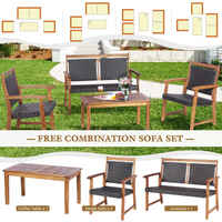Tangkula 4 Pieces Patio Rattan Conversation Set with Acacia Wood Frame, Patiojoy Outdoor Furniture Set with Chairs & Coffee Table