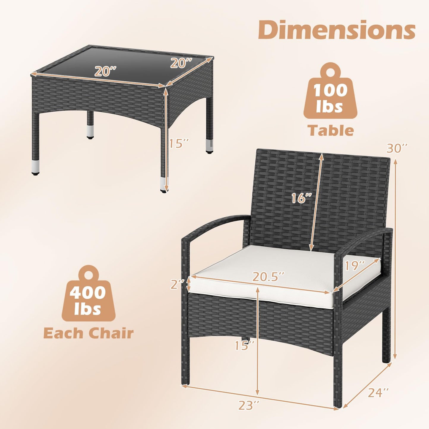 Tangkula 3 Piece Patio Furniture Set for Porch Balcony Backyard Poolside