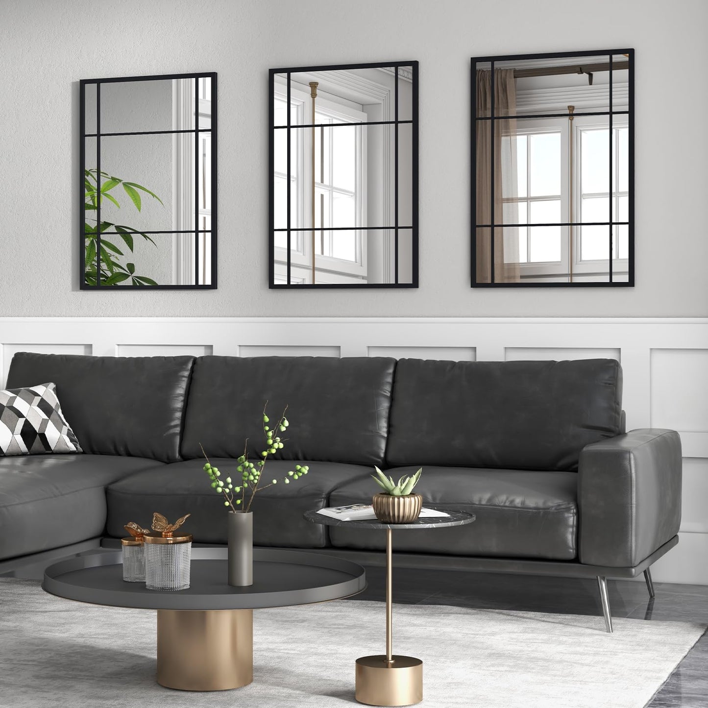 Tangkula Miroir de fenêtre rectangulaire 28" x 40", miroir moderne à 3 couches avec cadre métallique
