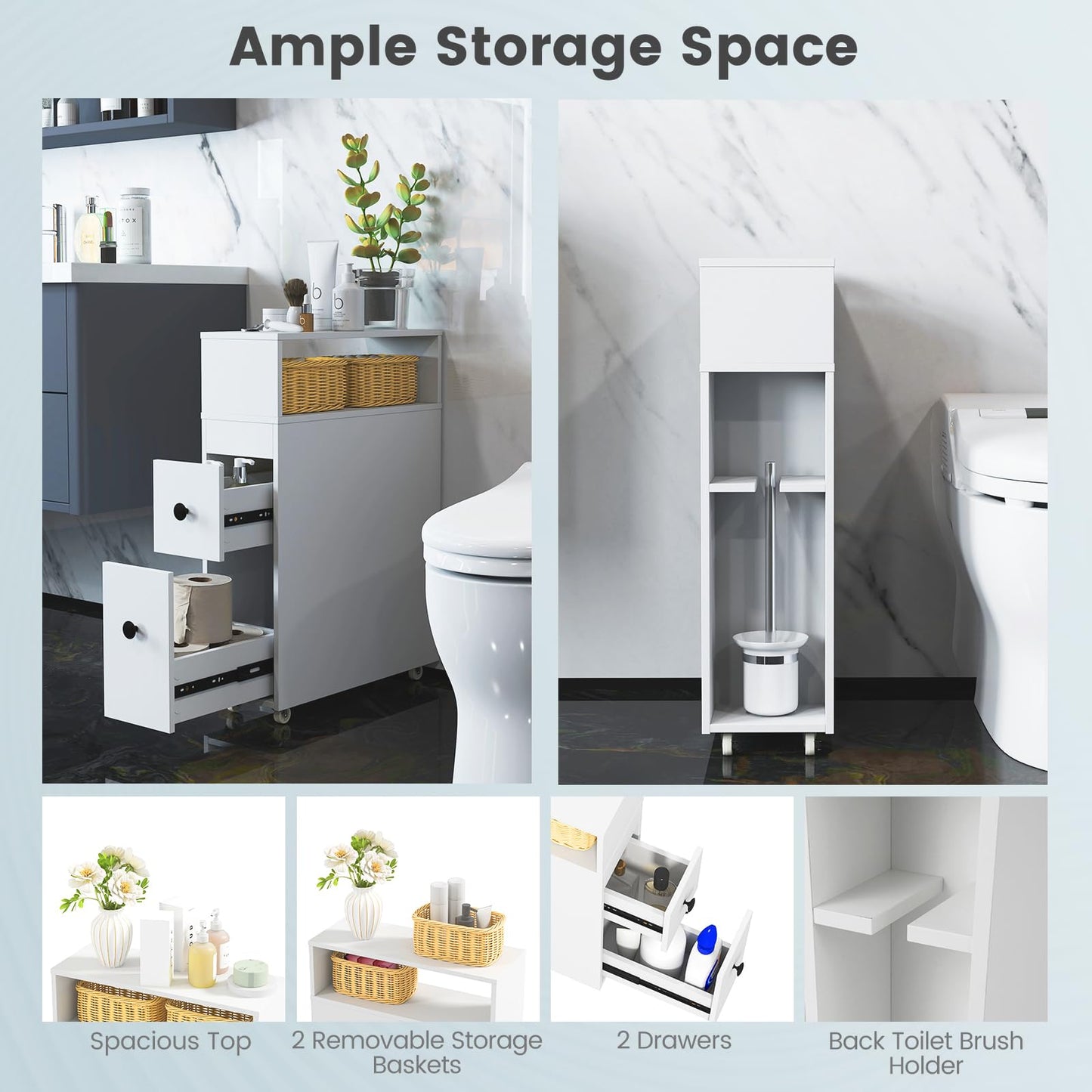 Tangkula Bathroom Storage Wood Bathroom Rolling Floor Cabinet