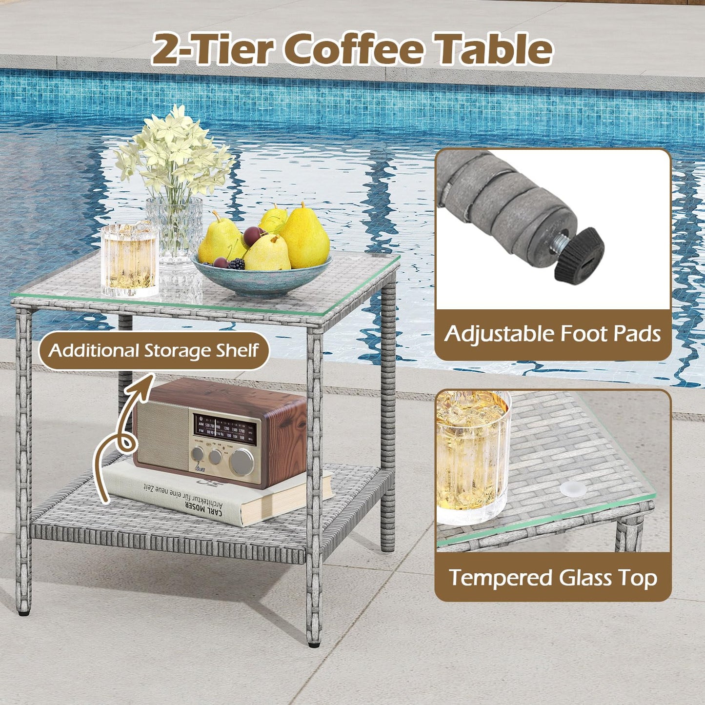 Tangkula 3 Pieces Patio Furniture Set with 2 Tier Tempered Glass Tabletop Table