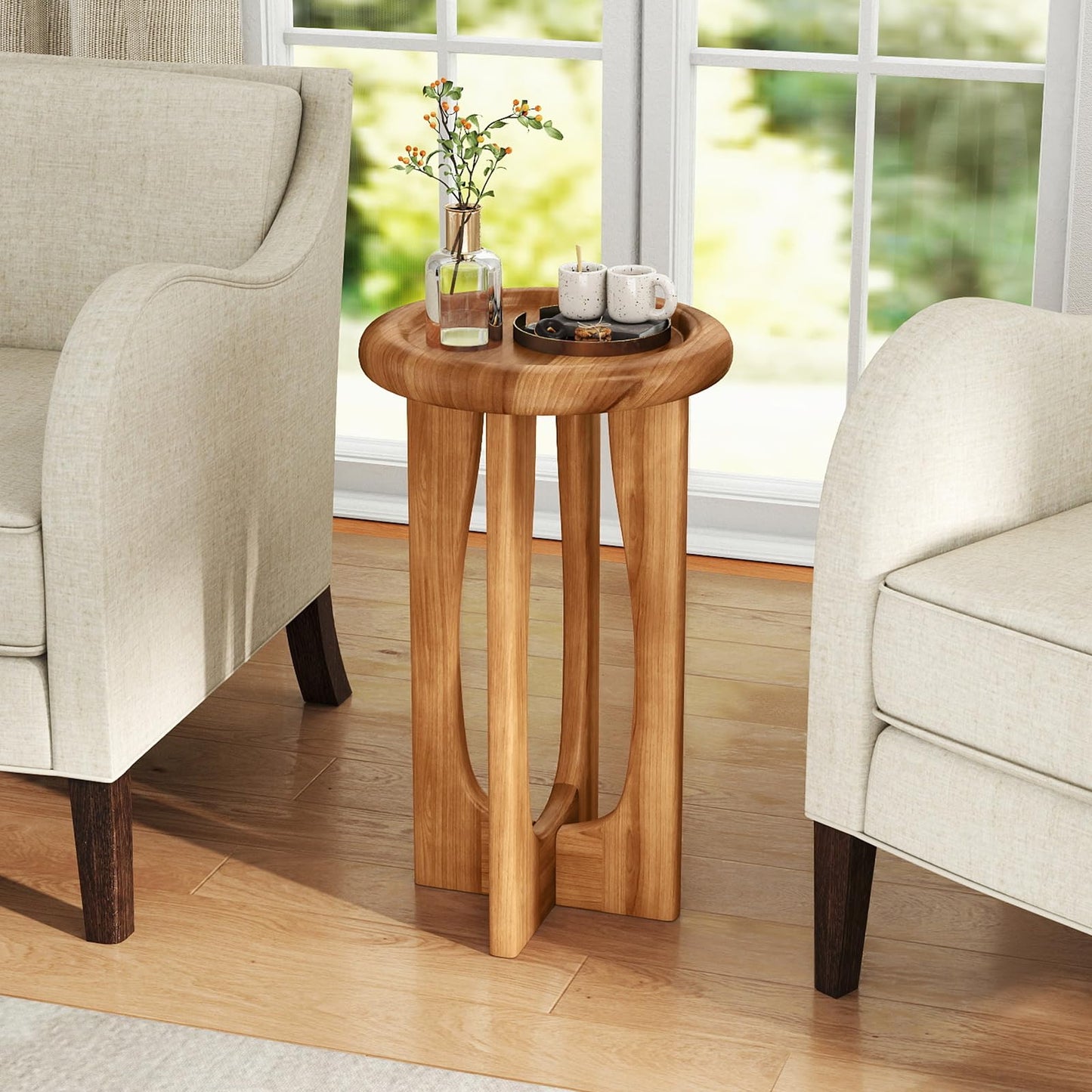 Table d'appoint Tangkula 14" en acajou avec plateau rond et pieds croisés en bois massif