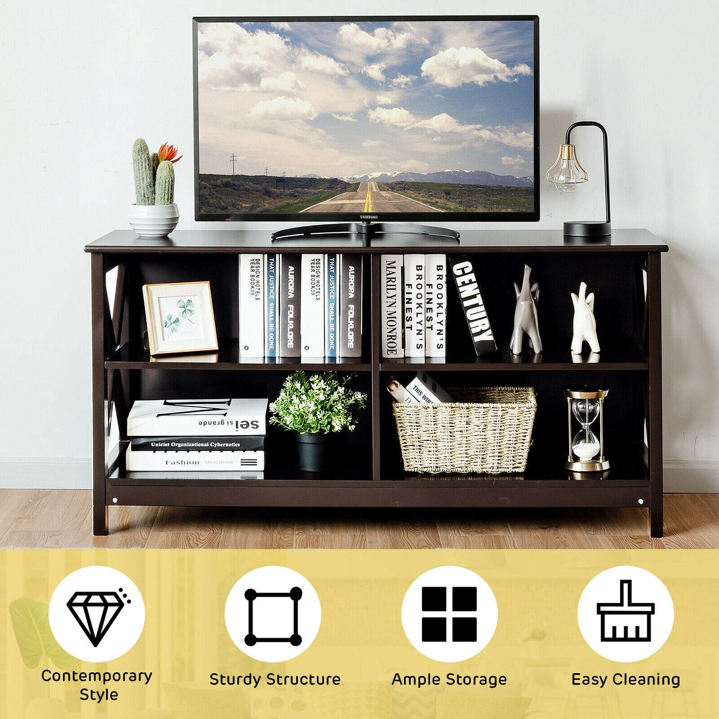 Meuble TV pour téléviseurs jusqu'à 55 pouces, meuble de divertissement en bois de style ferme avec cadre en X et 4 étagères de rangement ouvertes