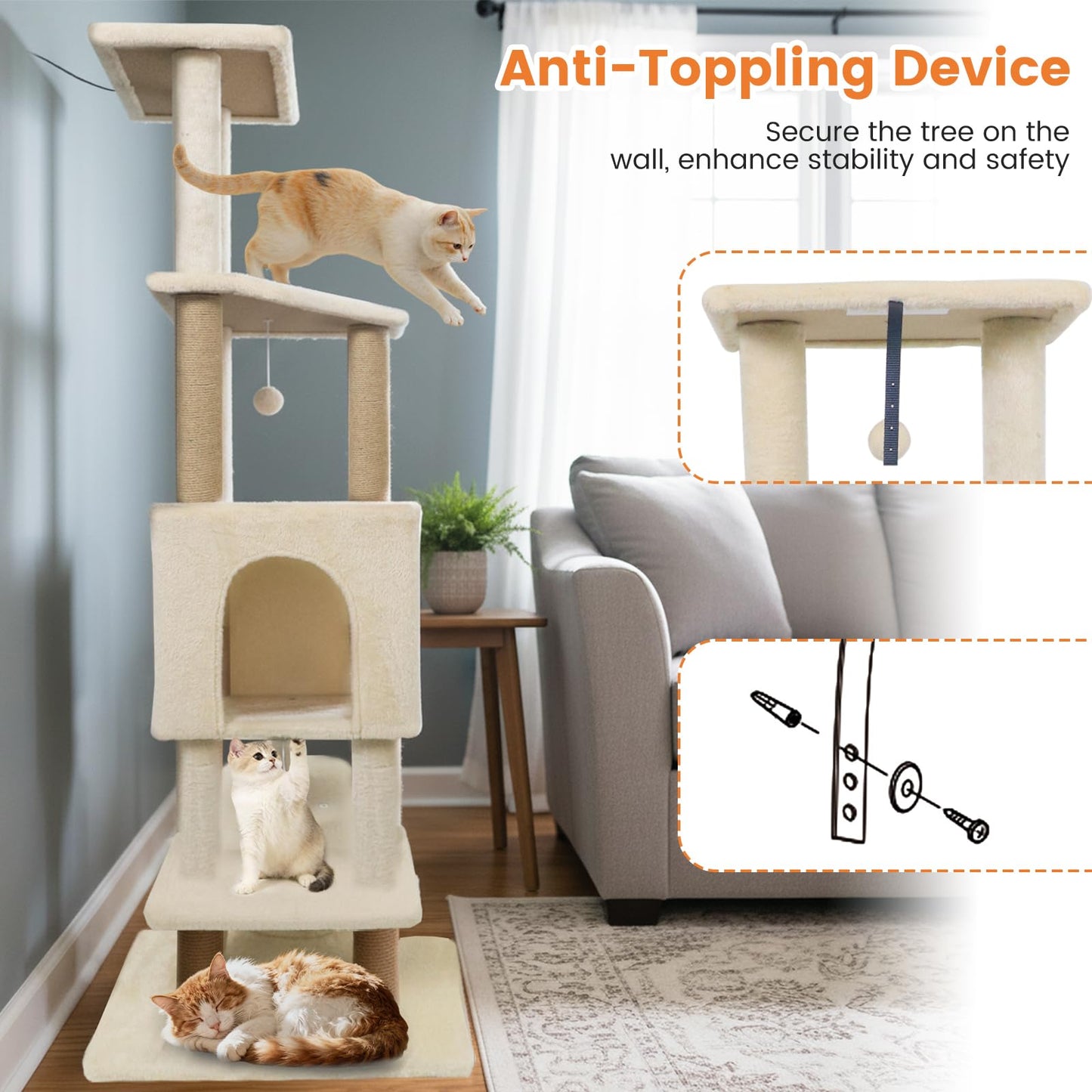 Tangkula 64 Inch Multi-Level Cat Tower with 2 Large Condos & Jute Scratching Posts